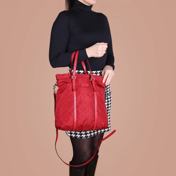 Gucci Red GG Nylon Tote Bag with Leather Trim - Picture 2 of 16